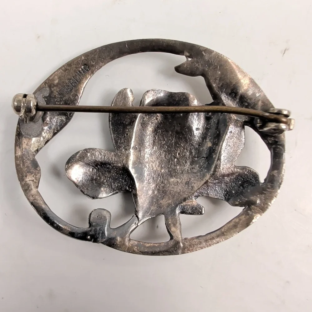 Vintage Sterling Silver Floral Rose Oval Brooch Pin Art Nouveau Style 9g